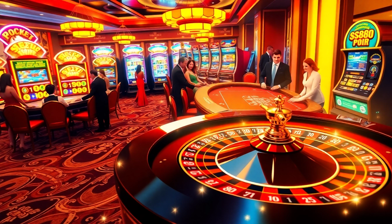 Engage with thrilling sc88 casino atmosphere featuring a roulette table, excited players, and vibrant slot machines.